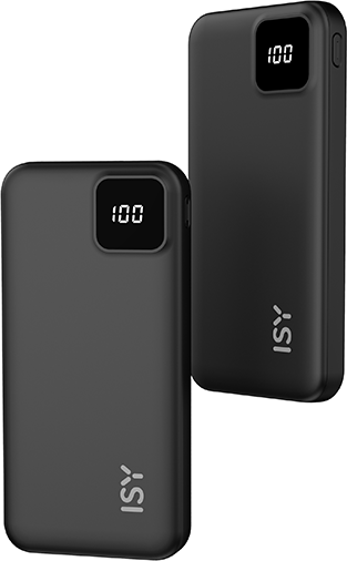 Két fekete power bank 100%-os töltöttséget mutató kijelzővel.