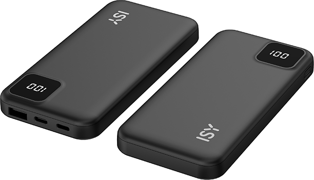 Két fekete power bank az ISY logóval és egy digitális kijelzővel, amely az akkumulátor százalékát mutatja.