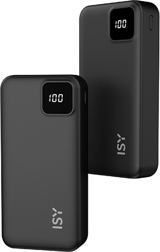 Két fekete power bank digitális kijelzővel. A háttér fehér.