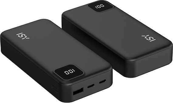 Két fekete powerbank, digitális kijelzővel, 100%-os töltöttséget mutatva.