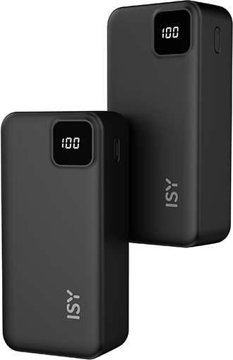 Két fekete power bank, 100%-os töltöttséget jelző kijelzővel fehér háttér előtt.