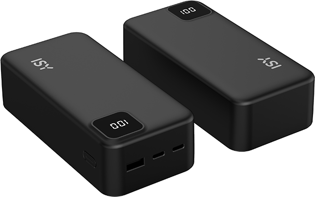 Két fekete ISY power bank, 100%-os töltöttséget mutató kijelzővel.