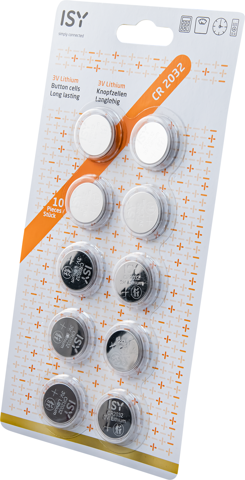 Tíz darab 3V-os lítium gombelem csomagja. A csomagoláson a '3V Lithium Button cells' és a 'CR2032' felirat látható.