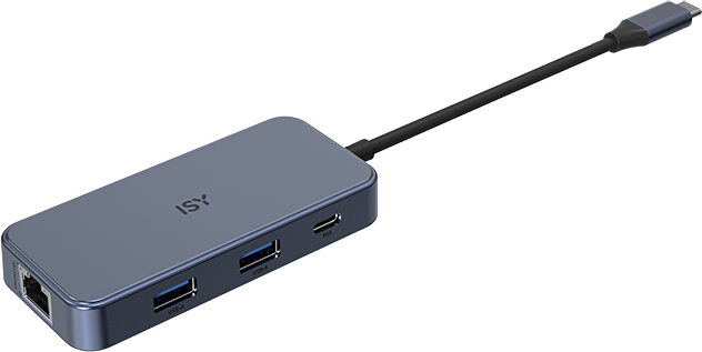 Egy kék USB hub, több porttal és USB-C csatlakozóval.