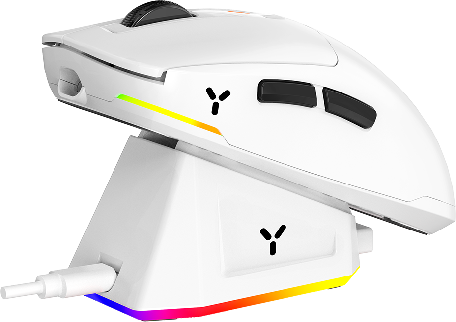 Fehér gamer egér töltődokkon. RGB világítás.