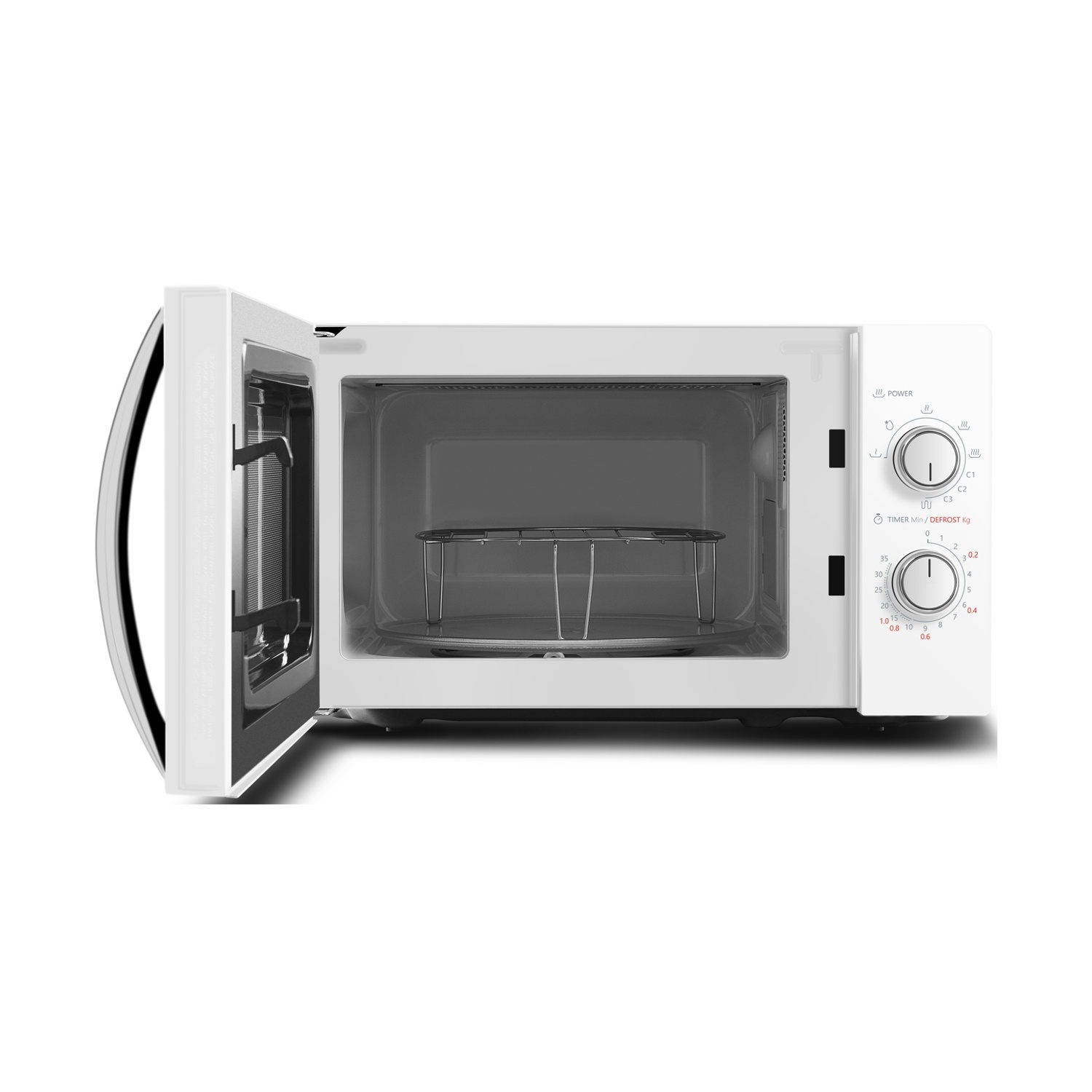 Un forno a microonde bianco con la porta aperta, che mostra l'interno con una griglia metallica.