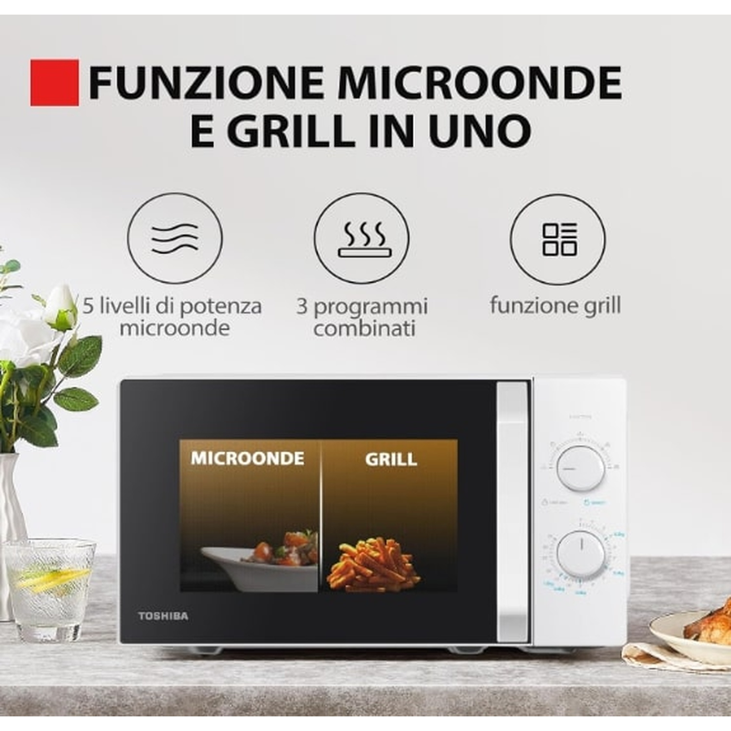 Forno a microonde con icone e controlli e un'immagine di cibo.