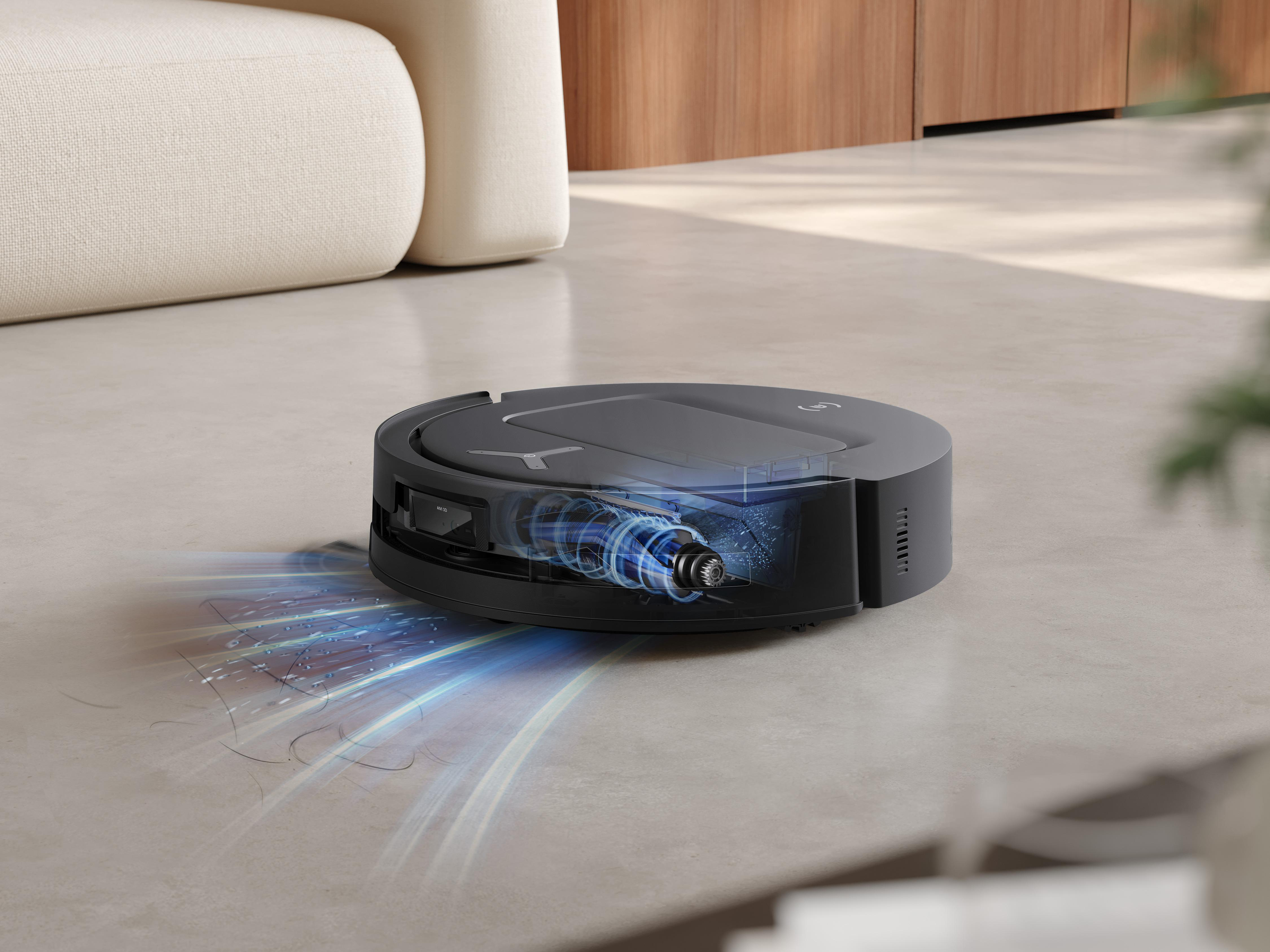 Roboter-Staubsauger reinigt einen Boden, zeigt interne Komponenten. Das Bild zeigt Reinigungspfade.
