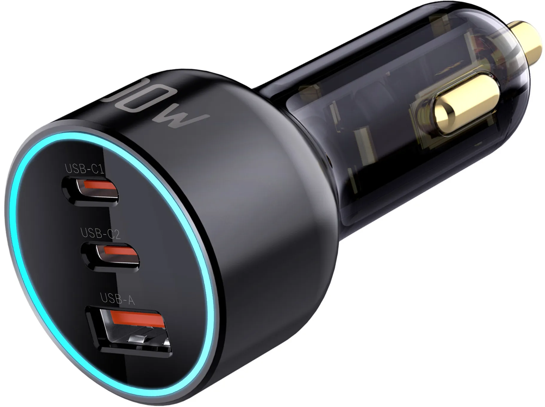 Un chargeur de voiture noir avec des ports USB-C et USB-A. Il y a une lumière bleue autour du bord.