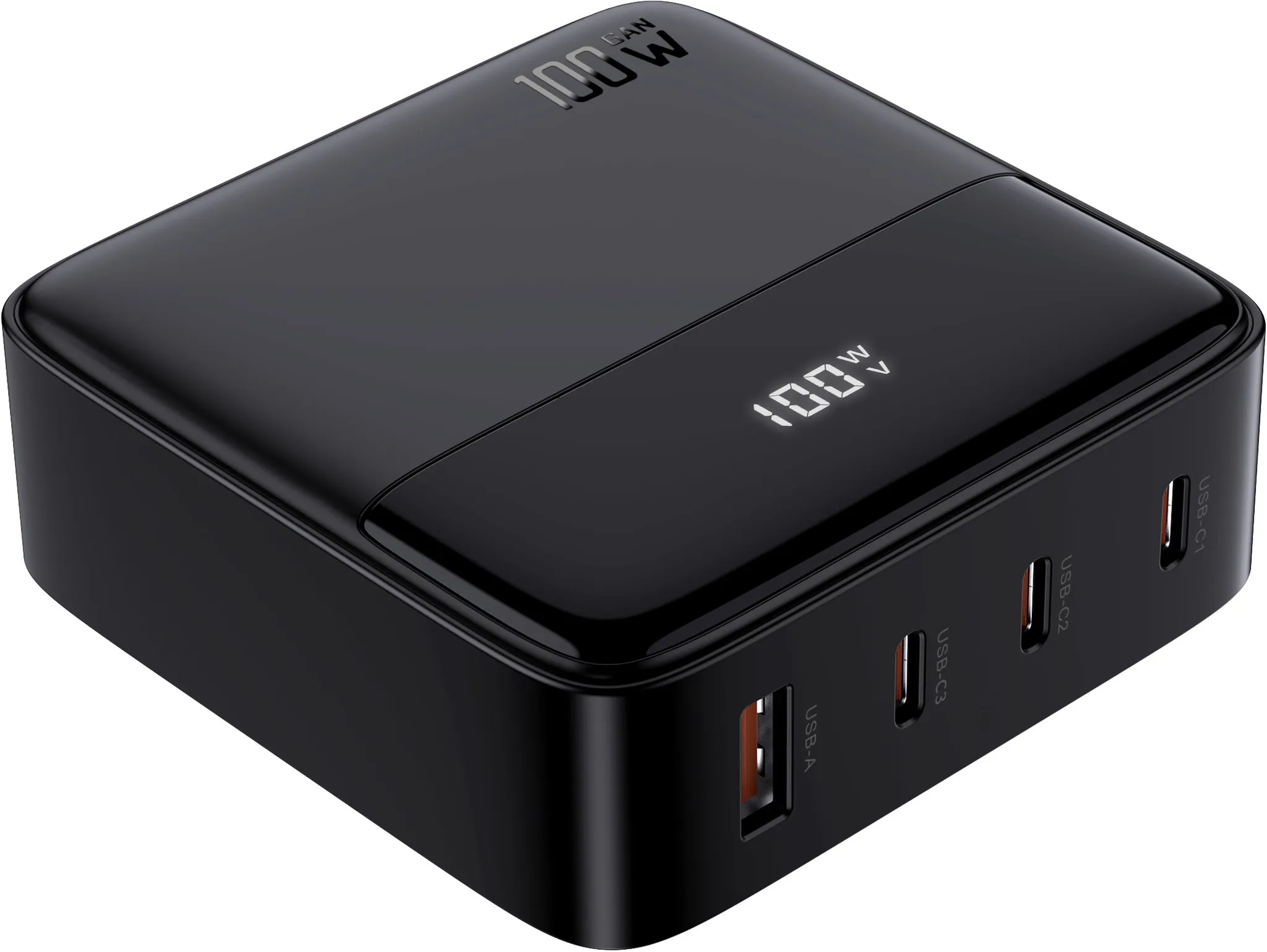 Un adaptateur secteur noir avec quatre ports USB, avec un affichage numérique indiquant 100W.