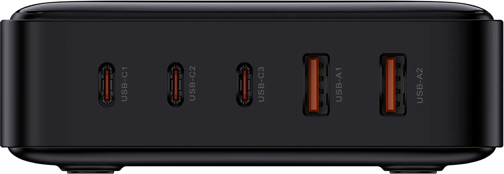 Une station de charge noire avec plusieurs ports USB : C1, C2, C3, A1 et A2. Couleurs marron et noir.