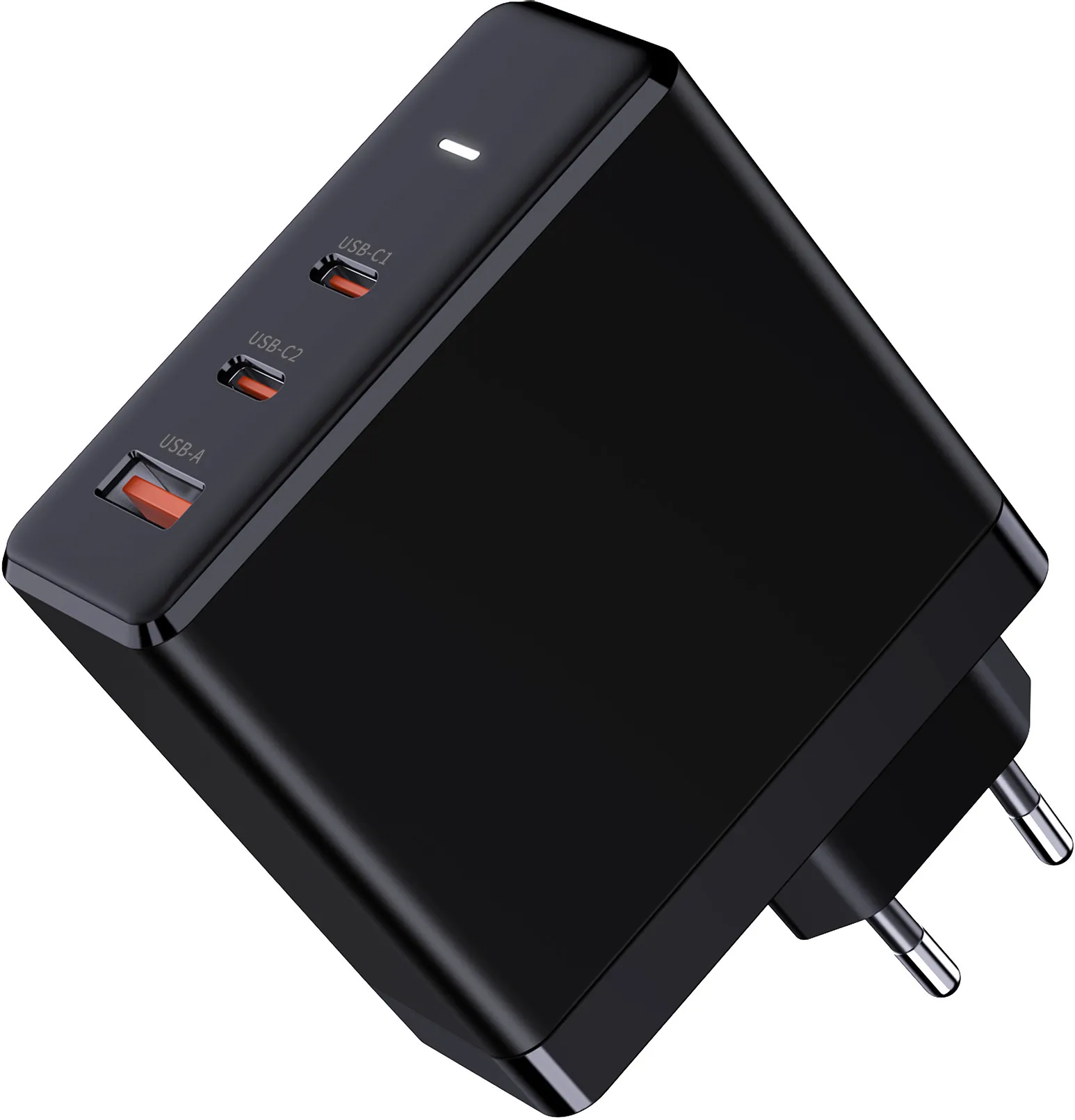 Caricabatterie USB nero con 3 porte. USB-C1, USB-C2 e USB-A sono etichettati. Due spine per una presa.