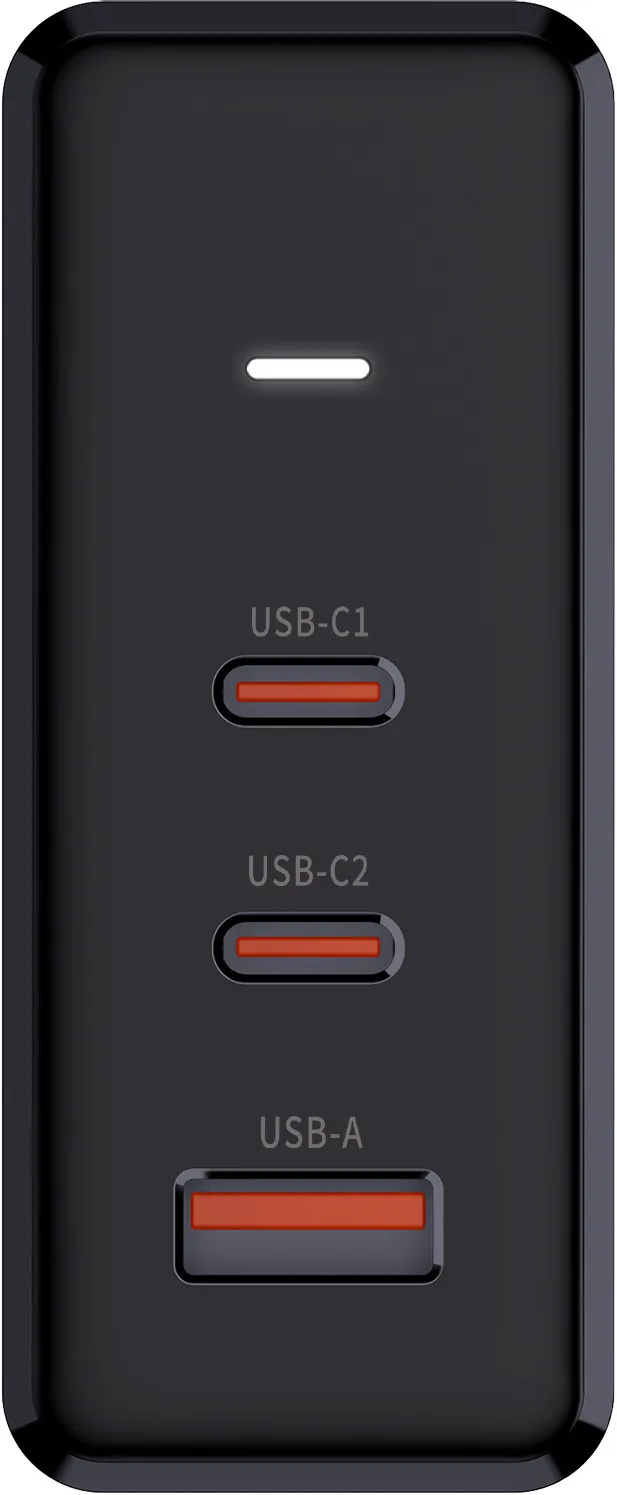 Adattatore di alimentazione nero con porte USB-C e USB-A.