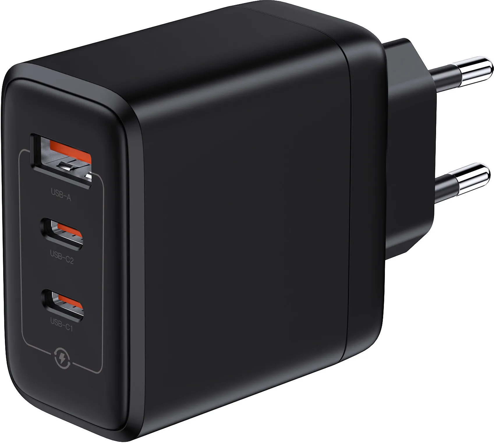 Caricabatterie nero con tre porte USB e spina.