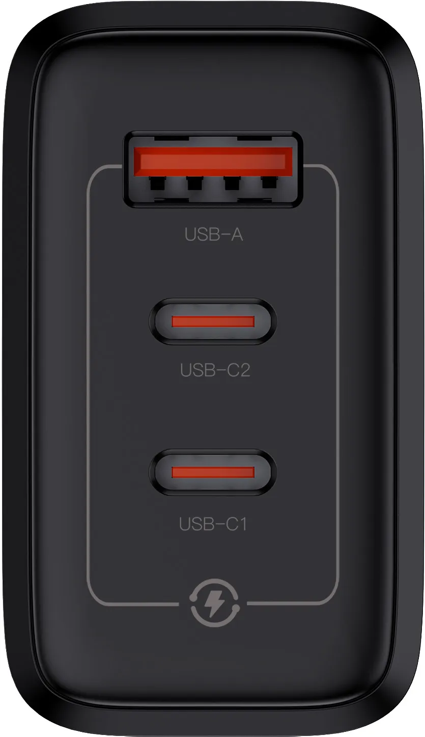 Un caricatore nero con tre porte USB, USB-A, USB-C2 e USB-C1, con icona fulmine.