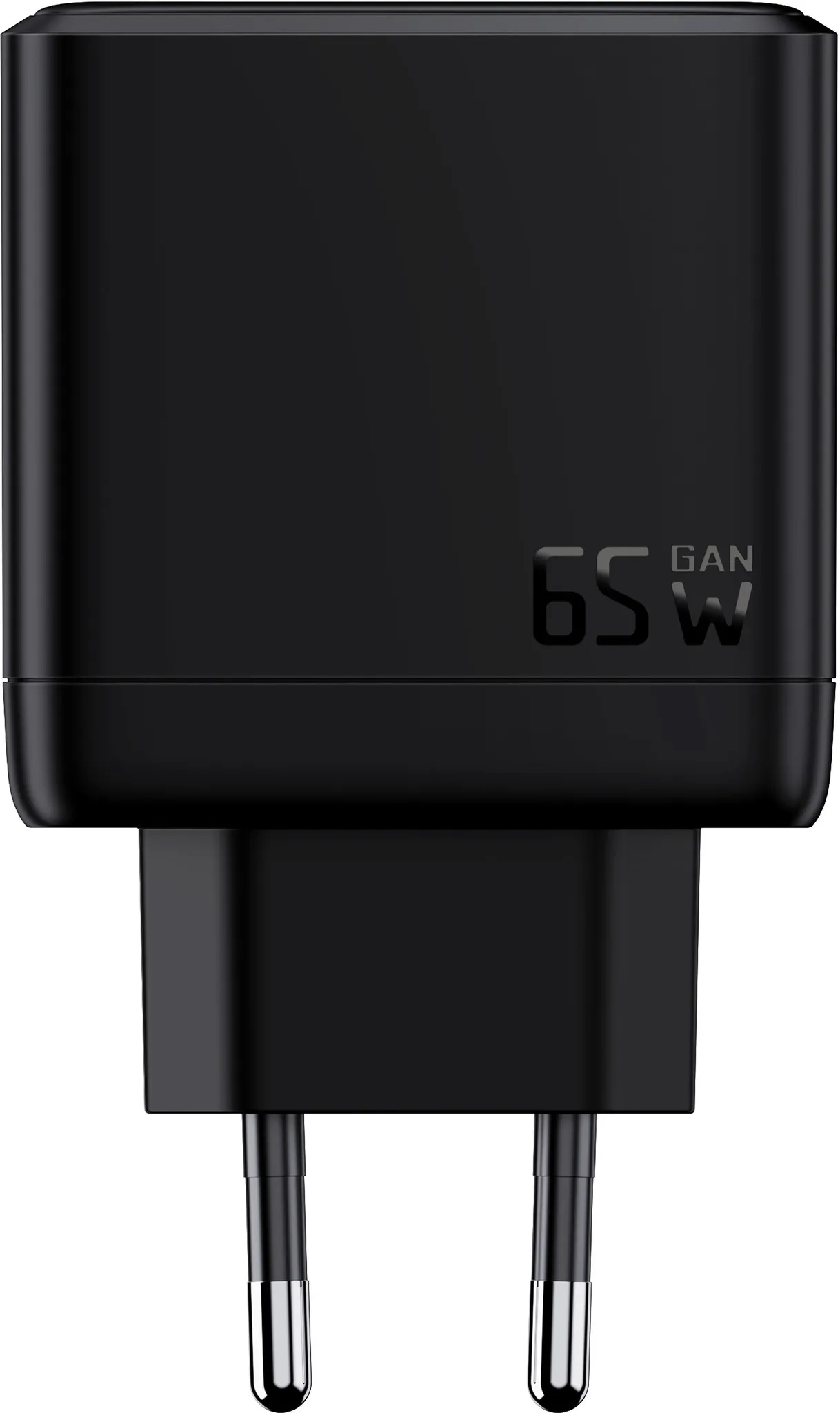 Un caricabatterie GAN nero da 65W con connettori.