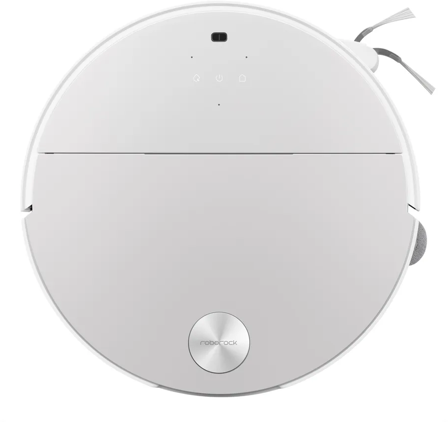 Un robot aspirapolvere bianco, vista dall'alto, con pulsanti e un logo.