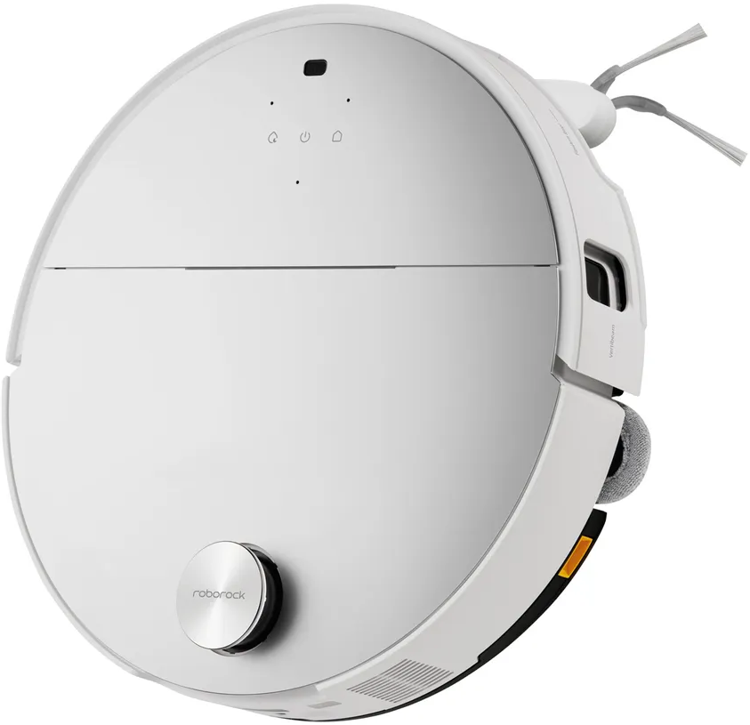 Aspirapolvere robot bianco, forma rotonda, spazzole visibili, su sfondo bianco.