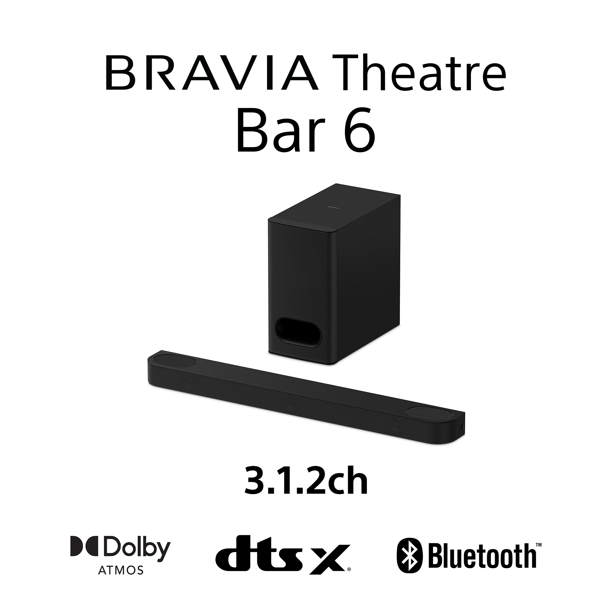 Fekete soundbar és mélynyomó szett. A sáv hosszú és vékony, a mélynyomó egy magas fekete doboz.