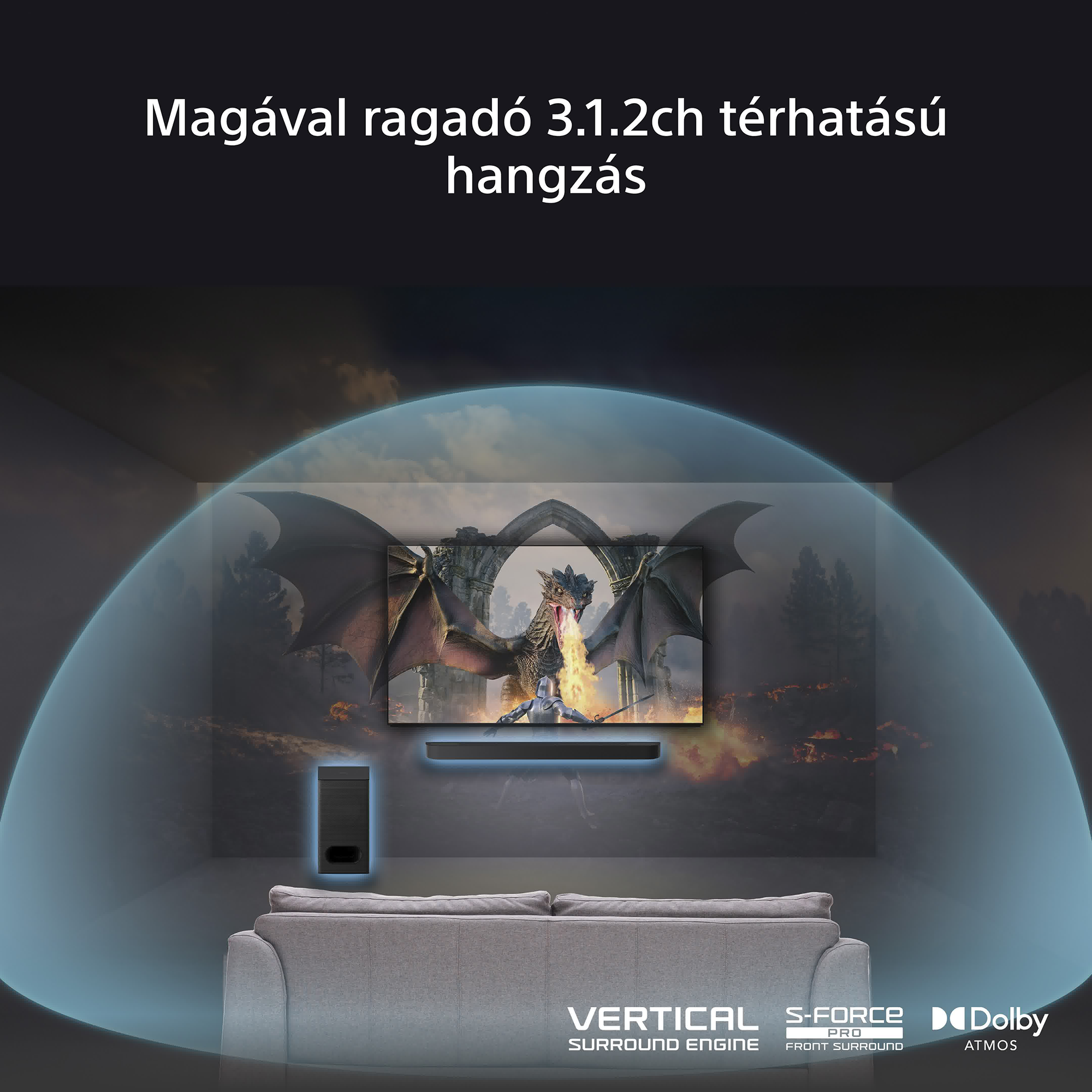 Házi-mozi beállítás: TV sárkány jelenettel, soundbar, és kanapé.