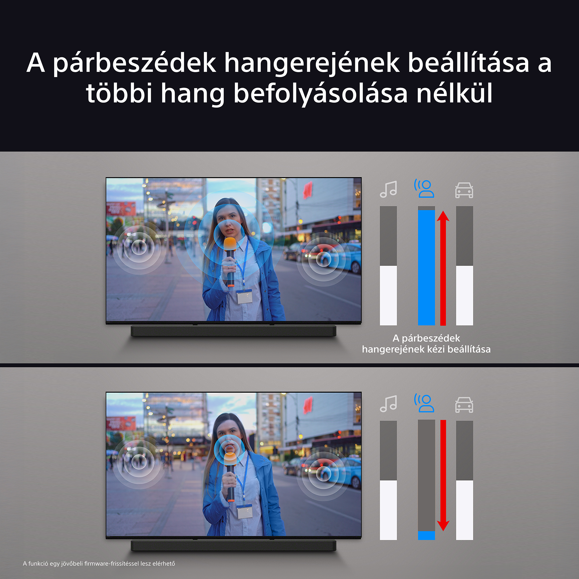 TV képernyő hangszintet mutat. Egy mikrofonos nő középen.