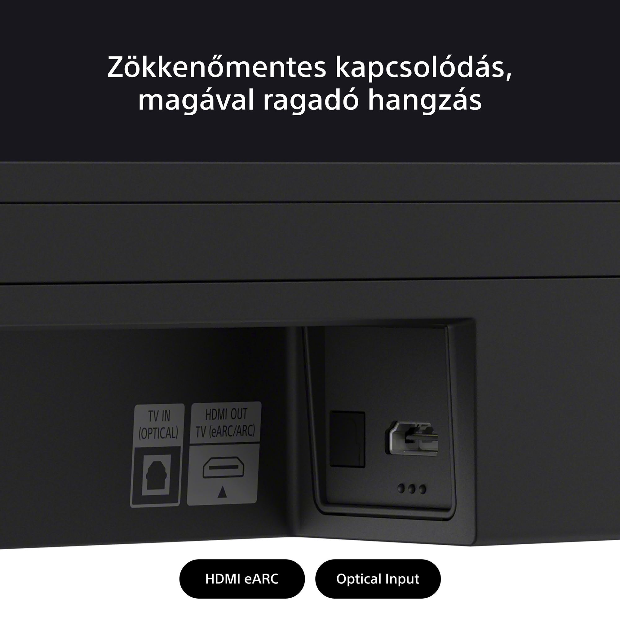Soundbar portjainak közelképe, TV IN, HDMI OUT, HDMI eARC és Optikai bemenet felirattal.
