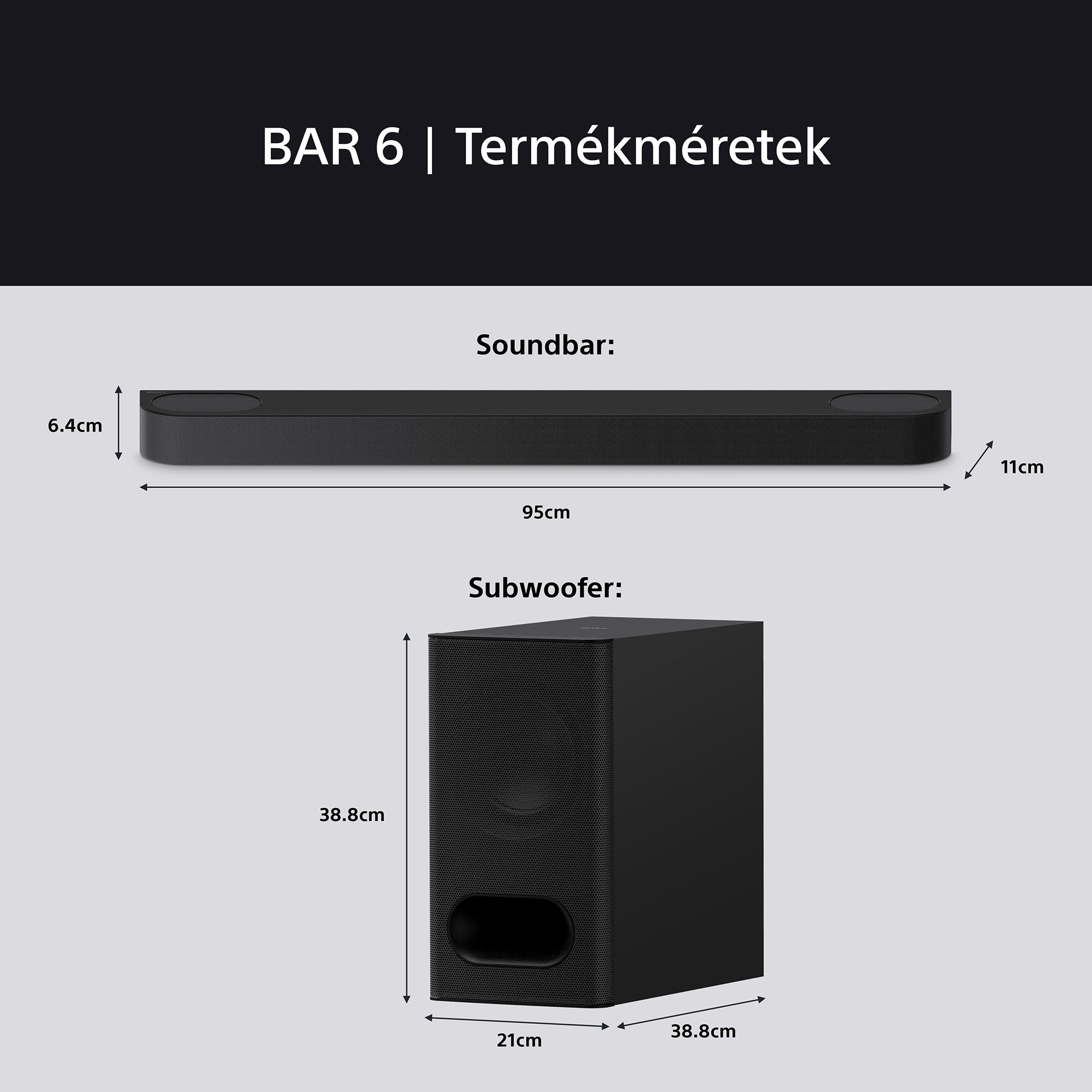 Hangprojektor és mélynyomó. Fekete, méretekkel centiméterben.