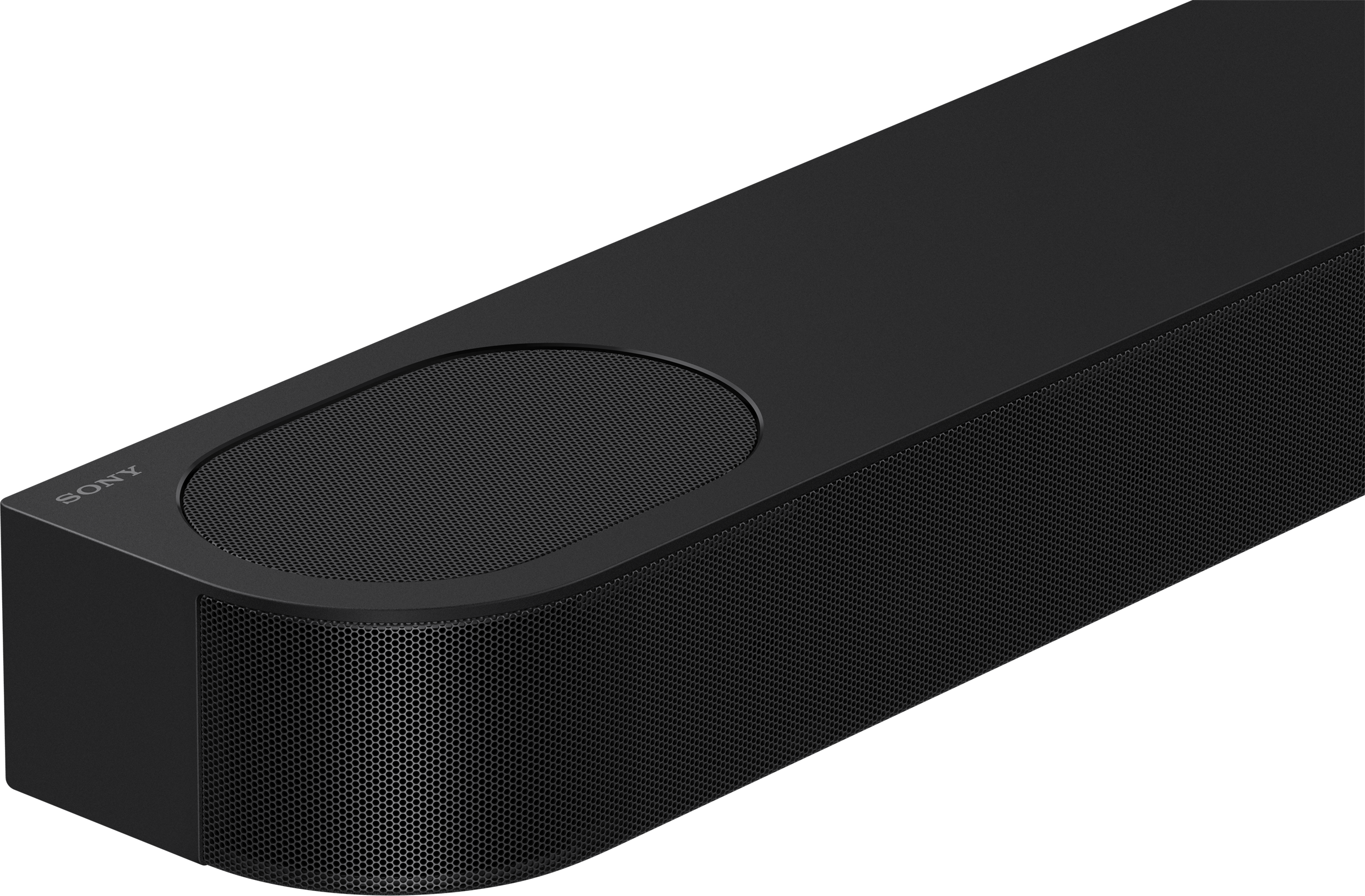 Fekete soundbar hangszóróráccsal. A SONY szó a bal felső sarokban található.