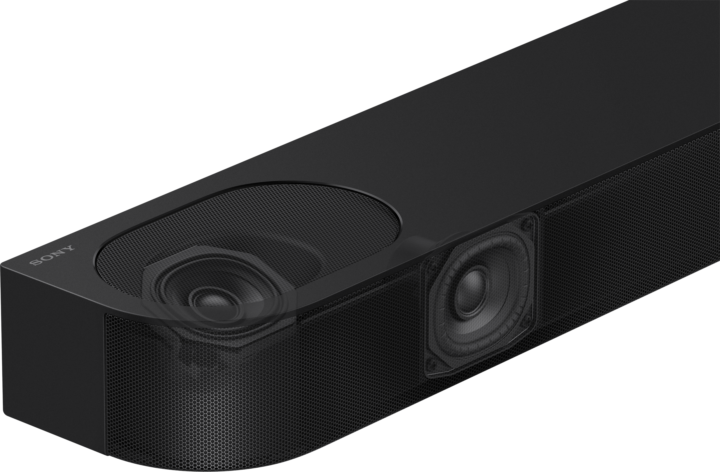 Fekete soundbar látható hangszórókkal. A hangszórók a sáv közepén láthatók.