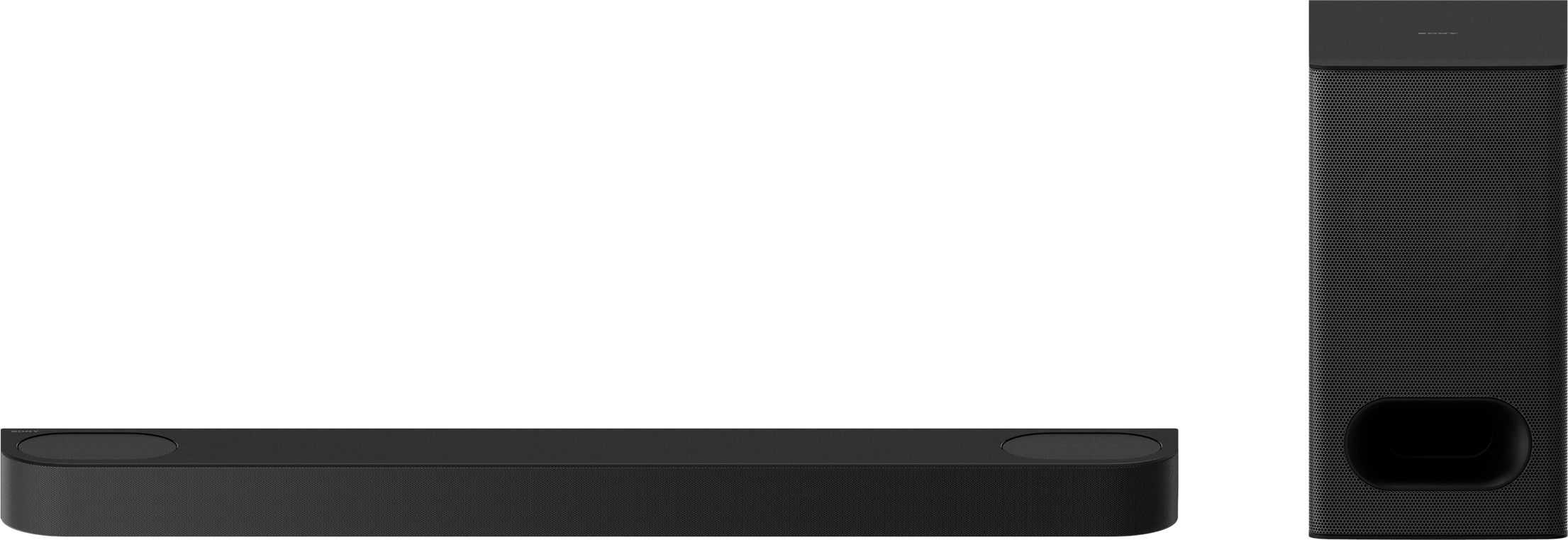 Egy fekete soundbar és mélynyomó fekete háttér előtt. A soundbar két kör alakú végződéssel rendelkezik.