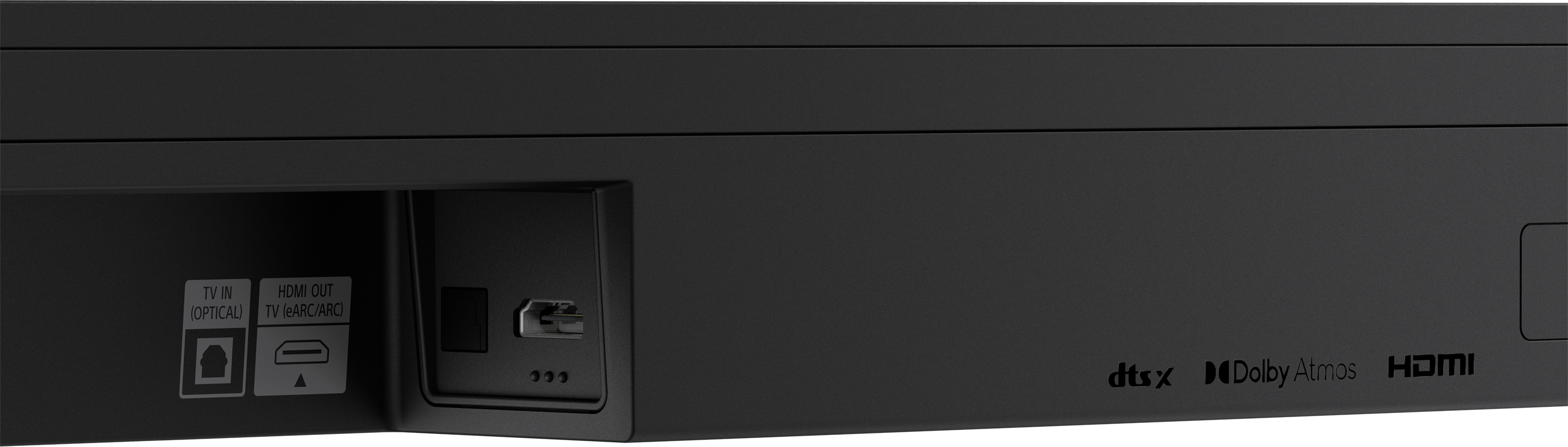 Fekete soundbar portokkal és feliratokkal: HDMI, DTS, Dolby Atmos. Fekete kivitel.