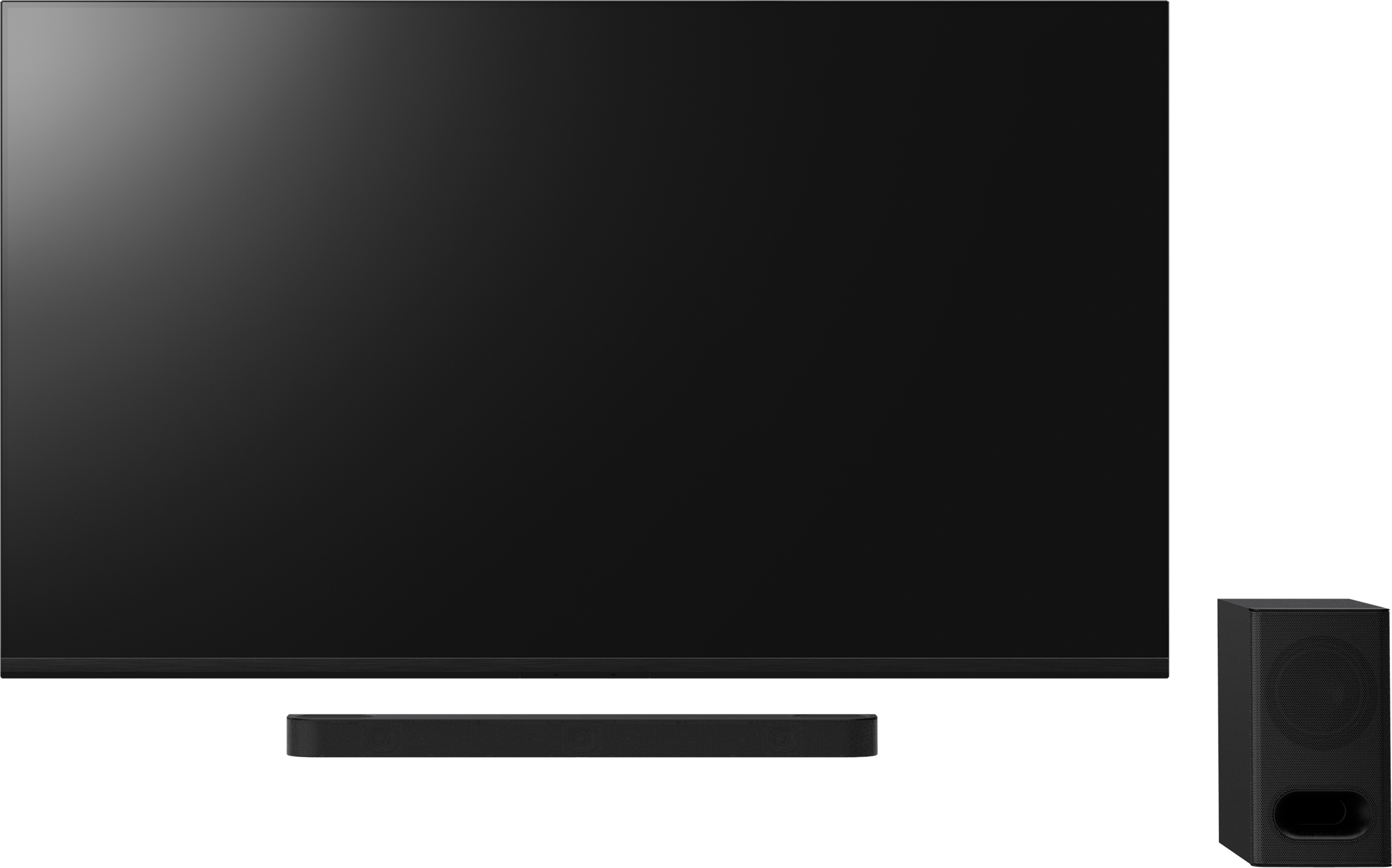 TV, soundbar és mélynyomó fekete háttéren.
