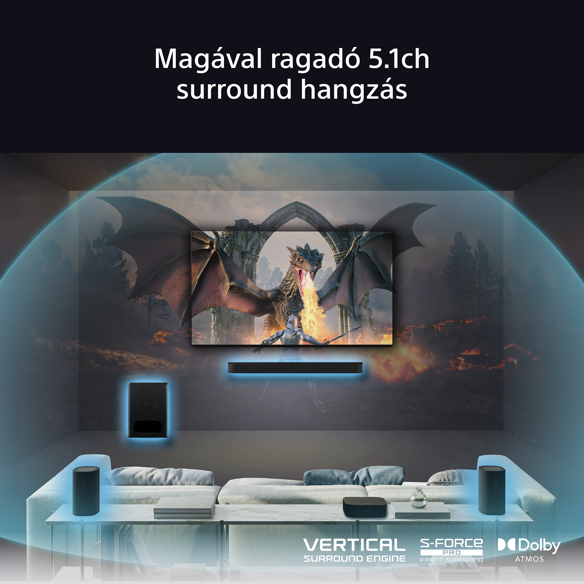 Nappali TV-vel, hangszórókkal és soundbarral, surround hangzást mutatva.