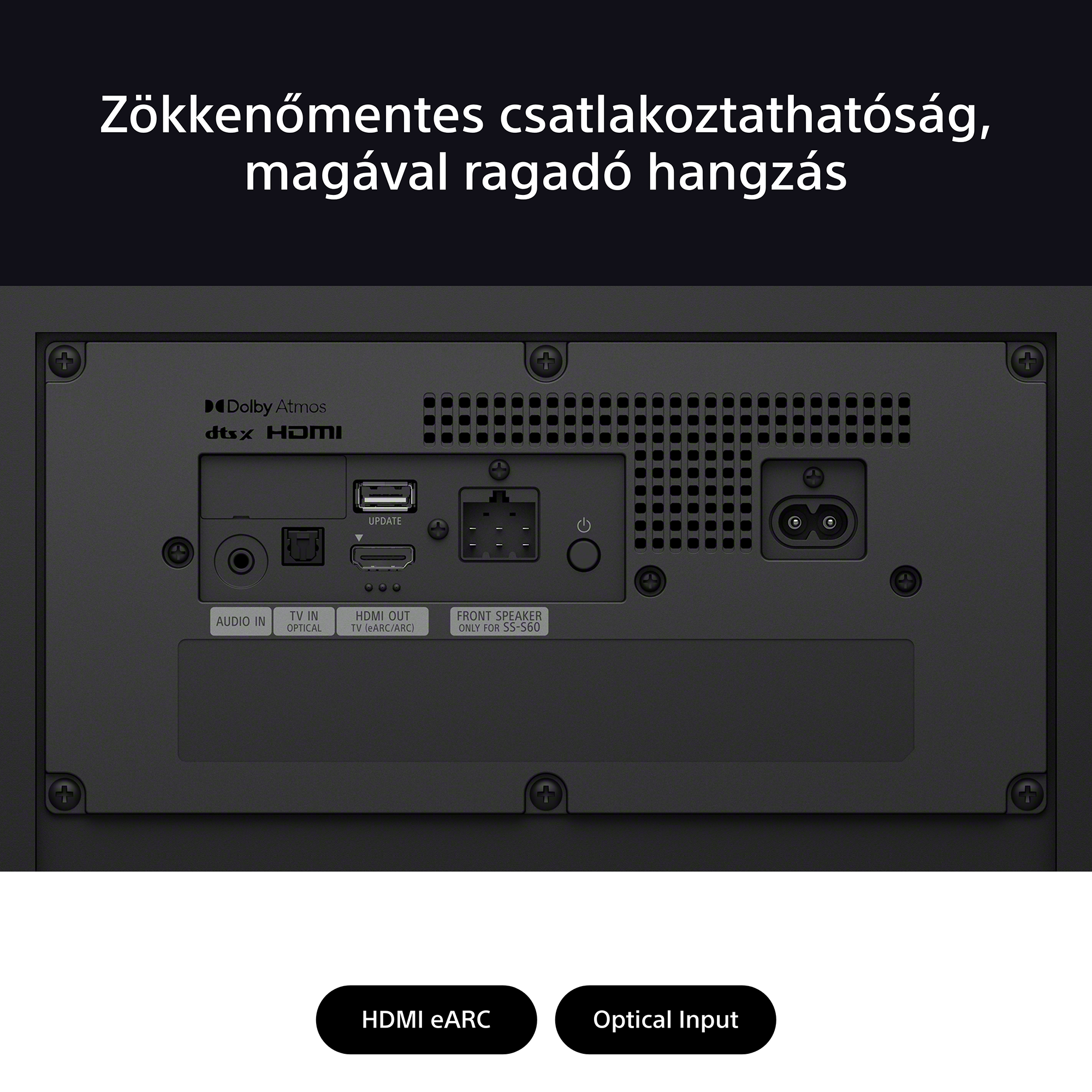 Soundbar hátulja portokkal, szöveg: Dolby Atmos, DTS:X, HDMI, HDMI eARC.