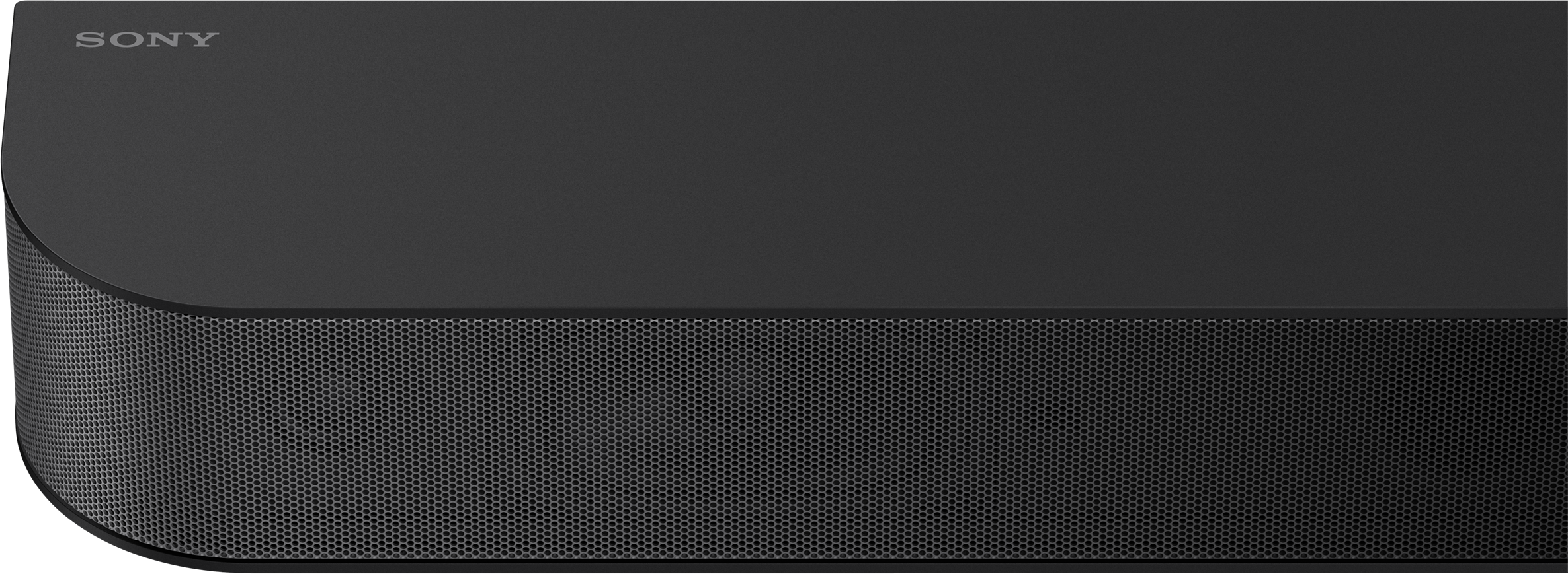 Egy fekete soundbar a SONY logóval. Hálós hangszóró borítással rendelkezik.