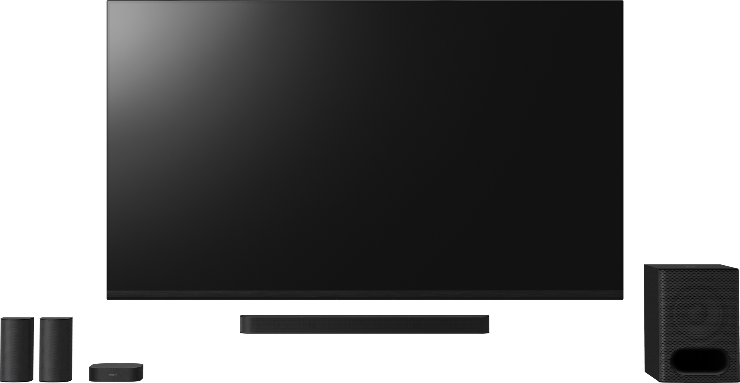 Nagy fekete TV soundbarral és hangszórókkal. Minden fekete háttéren.