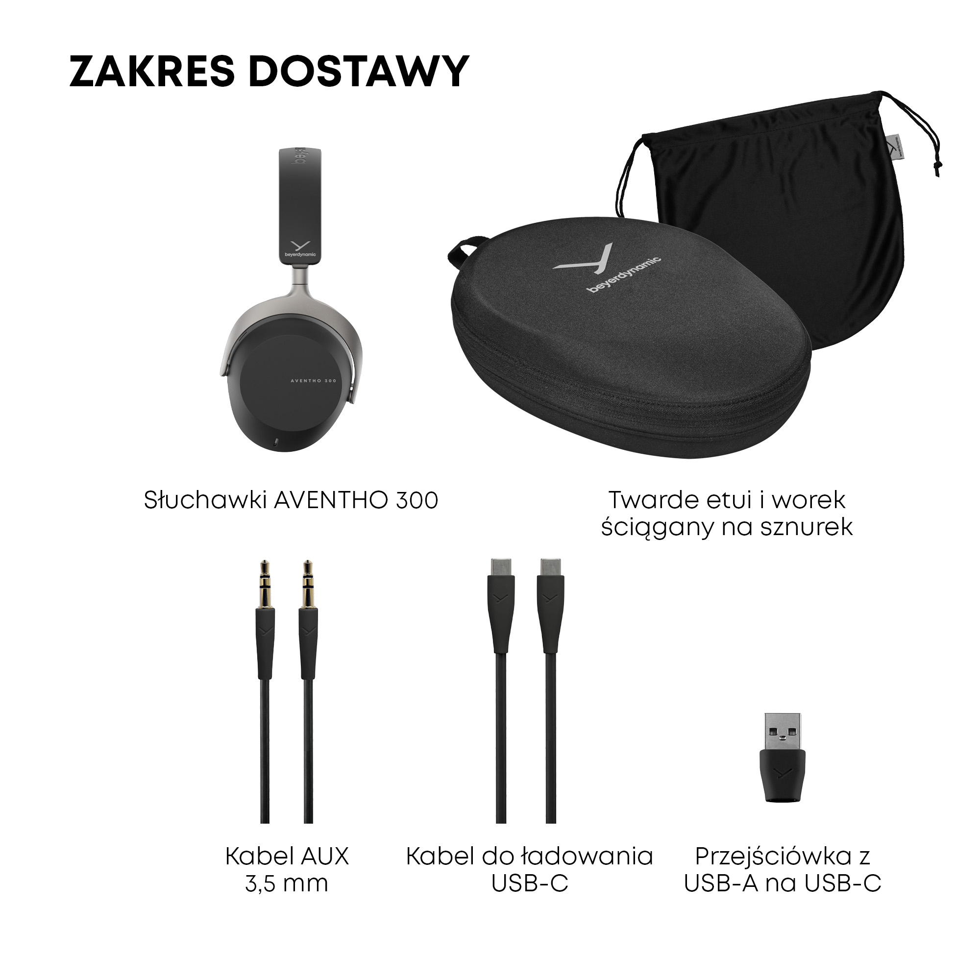 Słuchawki, etui, torba, kable i adapter na białej powierzchni. Widok z góry.