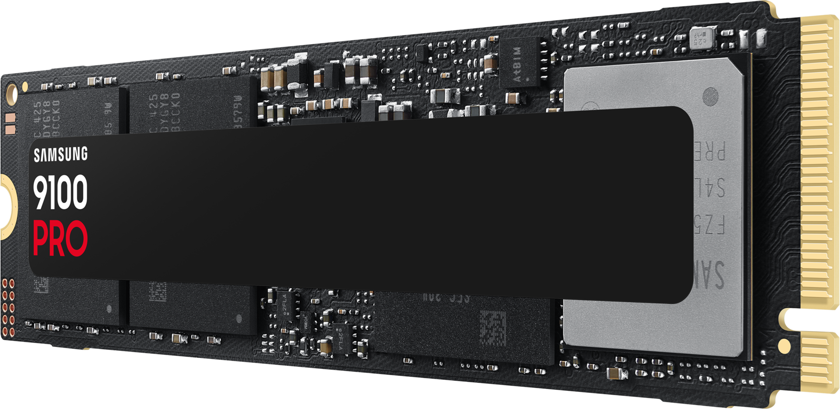 Disque SSD avec étiquette noire et rouge. La marque est Samsung 9100 Pro.