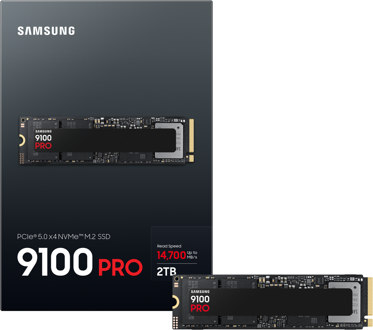 Disque SSD et son emballage. Le texte indique Samsung 9100 Pro. Fond noir.