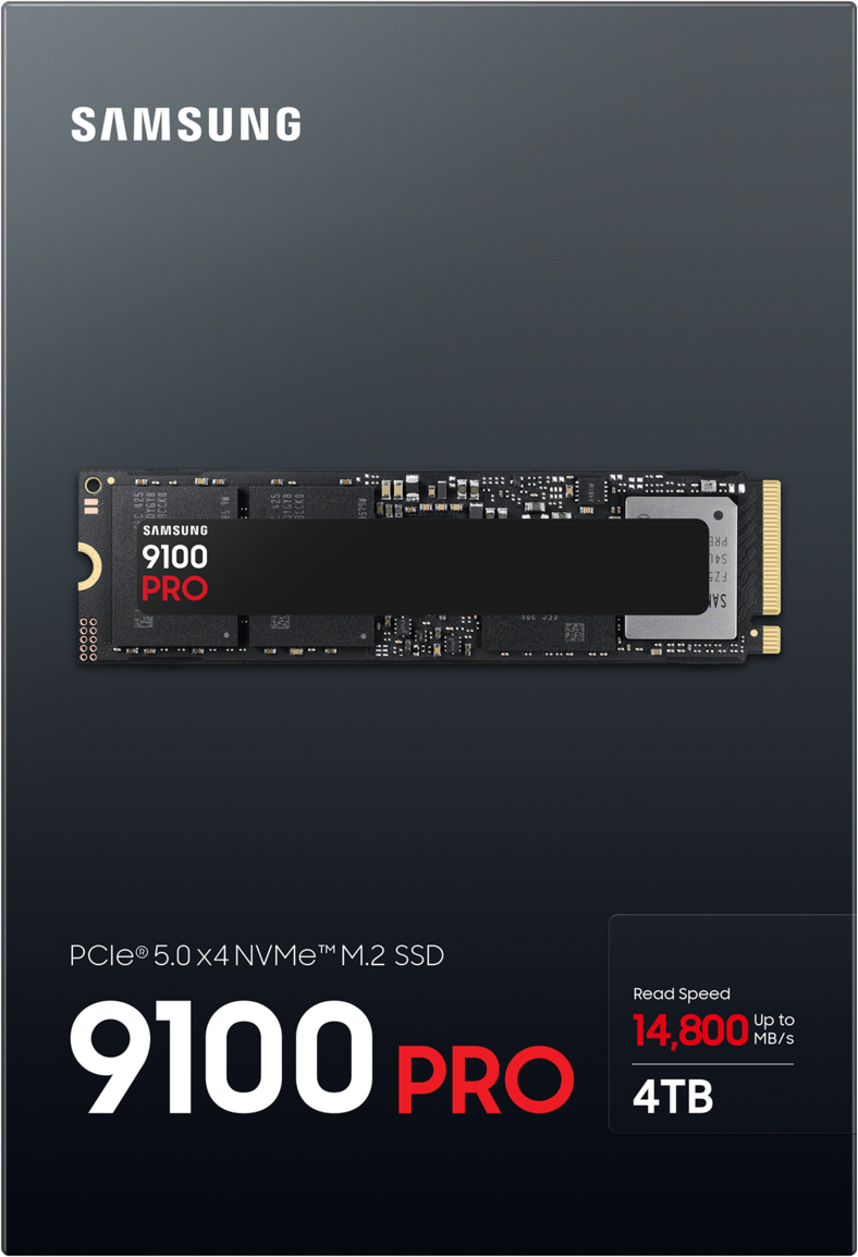 Eine schwarze und silberne Samsung 9100 PRO SSD. Text: 9100 PRO, 4TB, Lesegeschwindigkeit bis 14.800 MB/s.