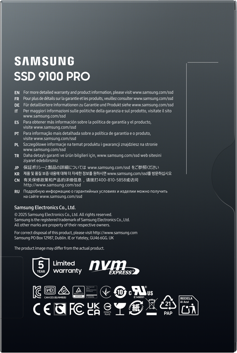 Schwarze Samsung SSD 9100 PRO Box mit Text in mehreren Sprachen und Garantieangaben.