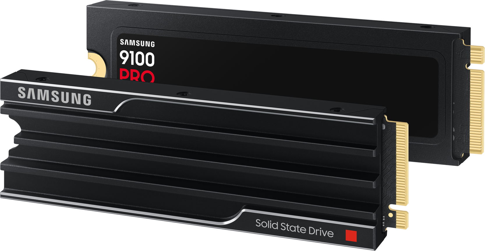 Deux SSD noirs. L'un est étiqueté Samsung 9100 Pro.