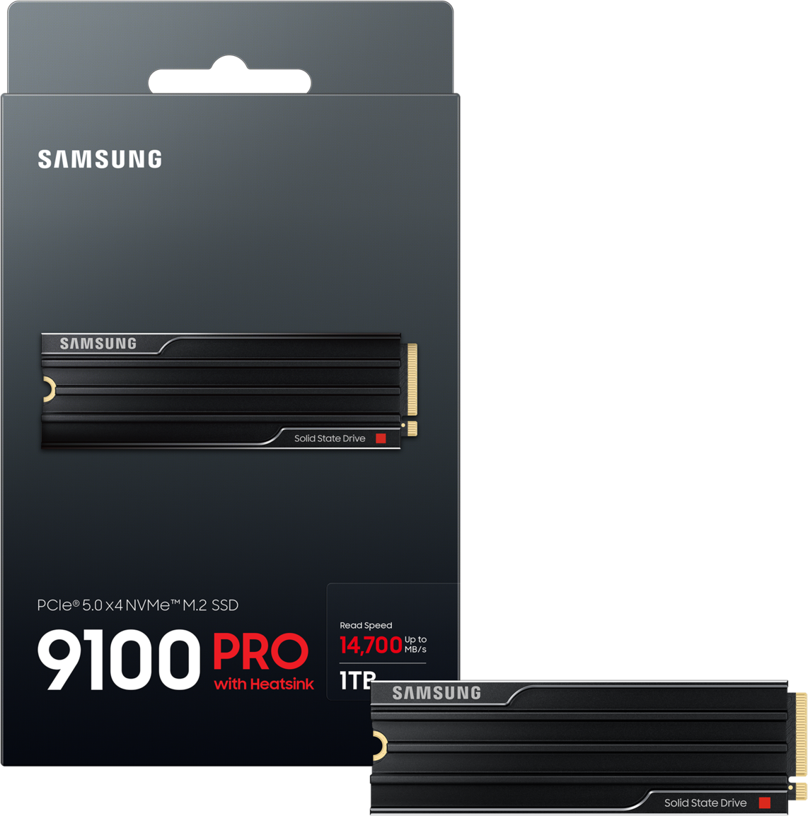 SSD dans une boîte, noir avec texte blanc. Étiquette Samsung.