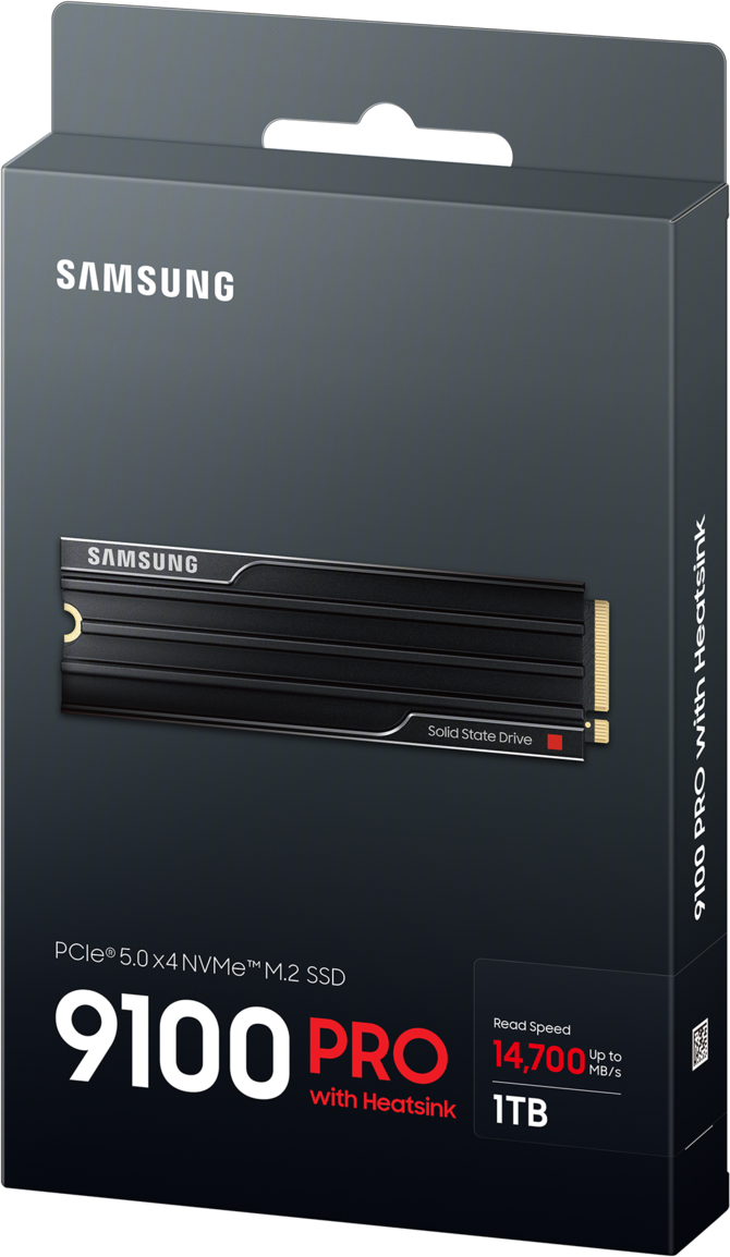 Paquet SSD Samsung noir et rouge avec spécifications listées.