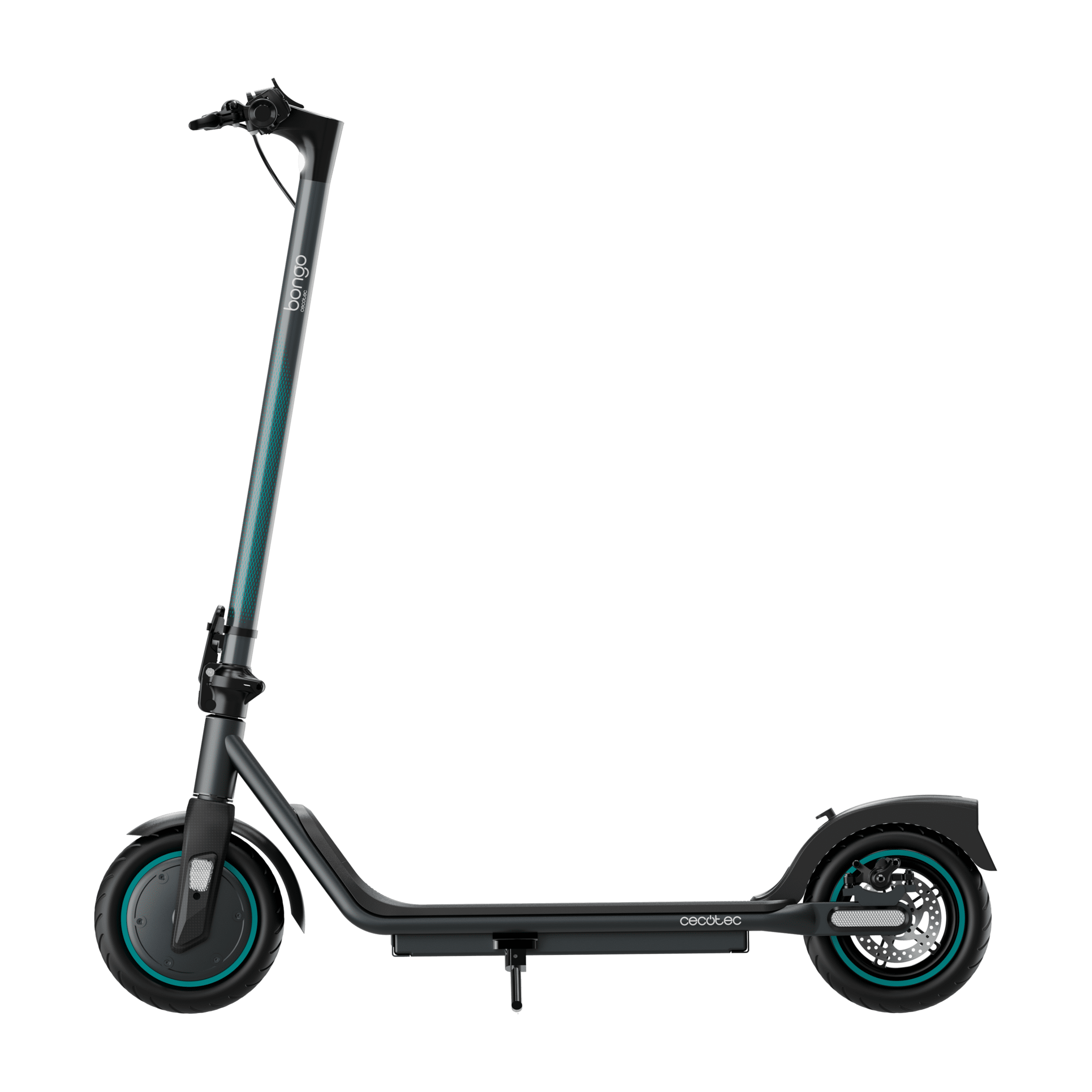 Scooter eléctrico en gris y verde azulado. Diseño elegante con cuerpo negro y detalles verde azulado.