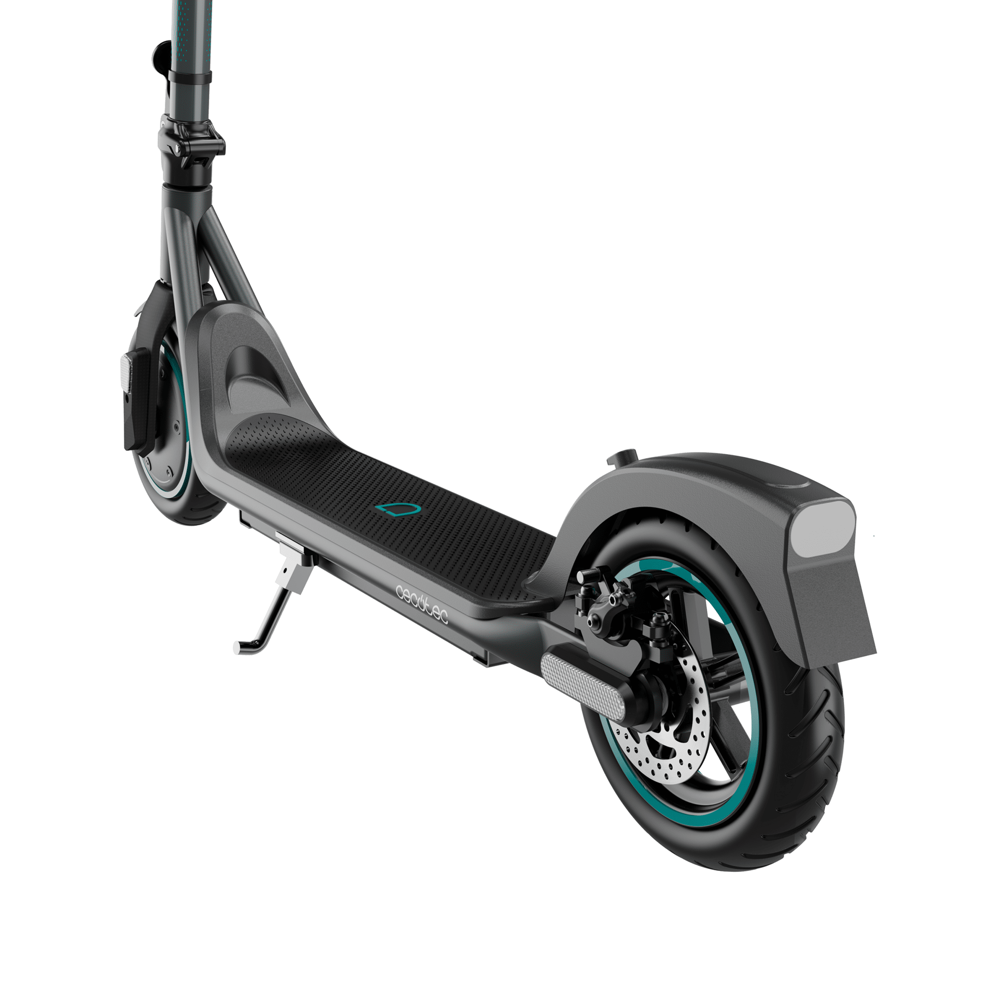 Patinete eléctrico sobre una superficie negra. Rueda trasera y plataforma visibles. Acentos turquesa.