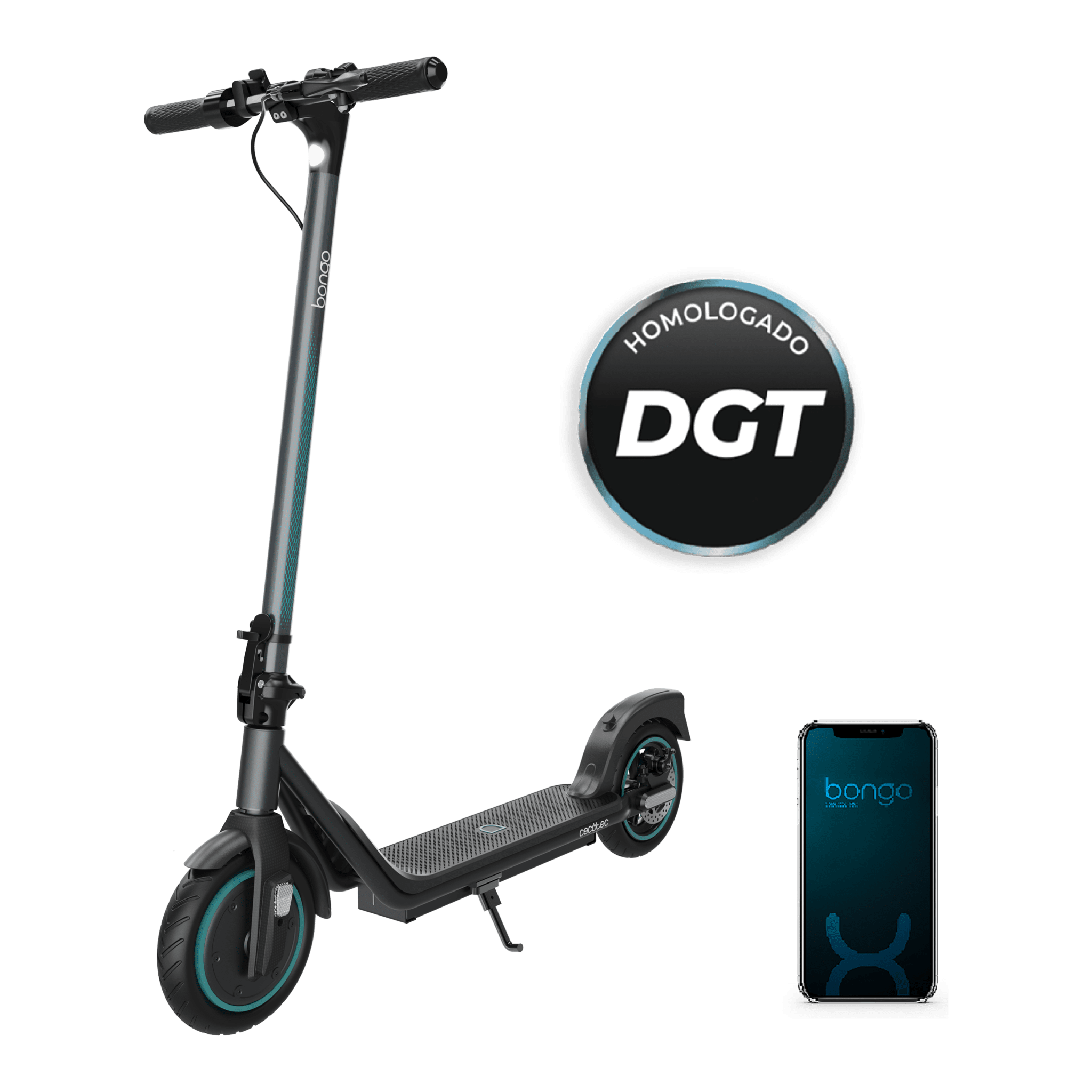 Scooter eléctrico negro y verde azulado con una insignia de certificación 'DGT' y un teléfono que muestra la aplicación.