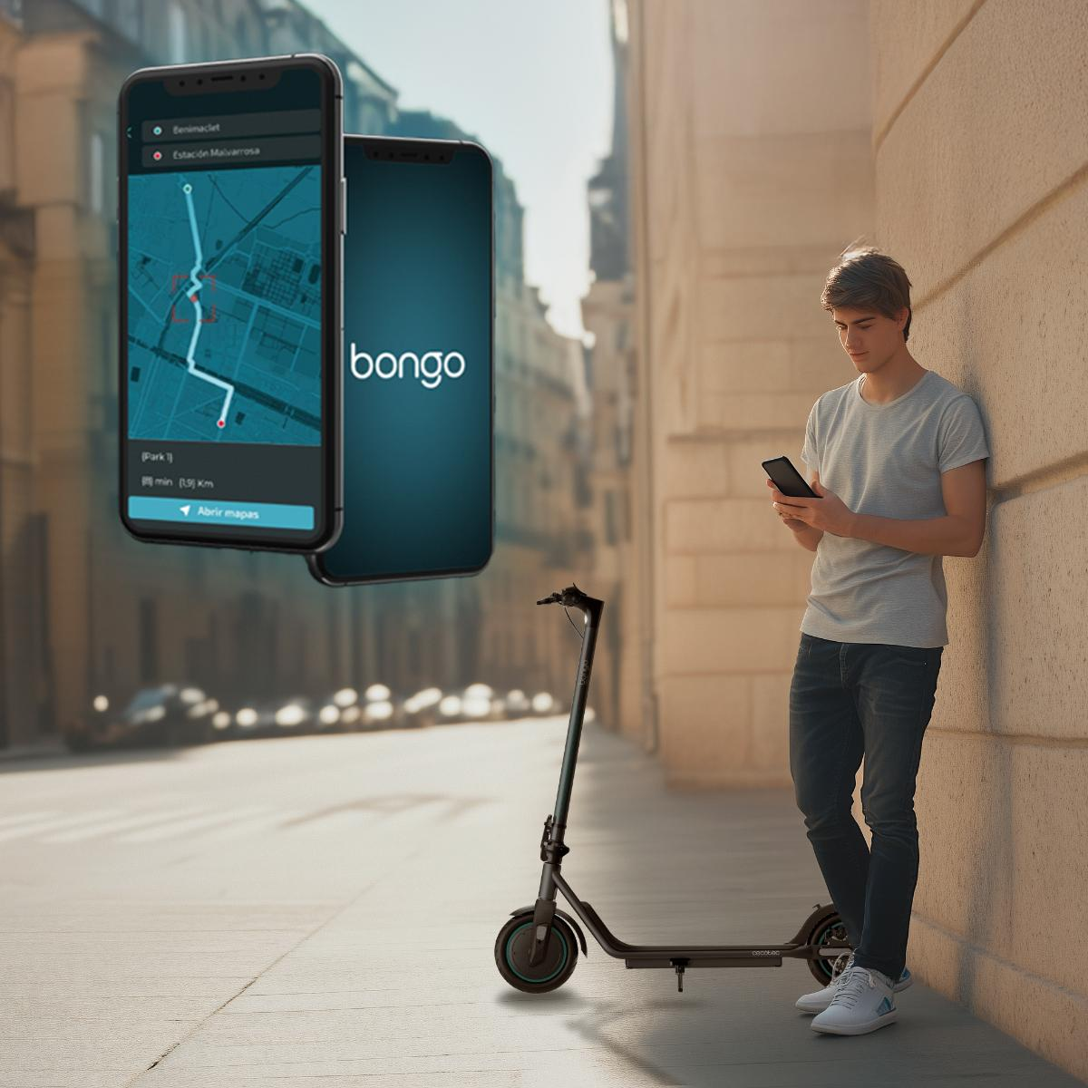 Hombre con teléfono cerca de un scooter y dos teléfonos flotantes con mapa.