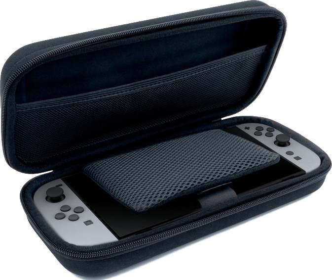 Geöffnete dunkelblaue Hülle mit Tablet und Stift darin.