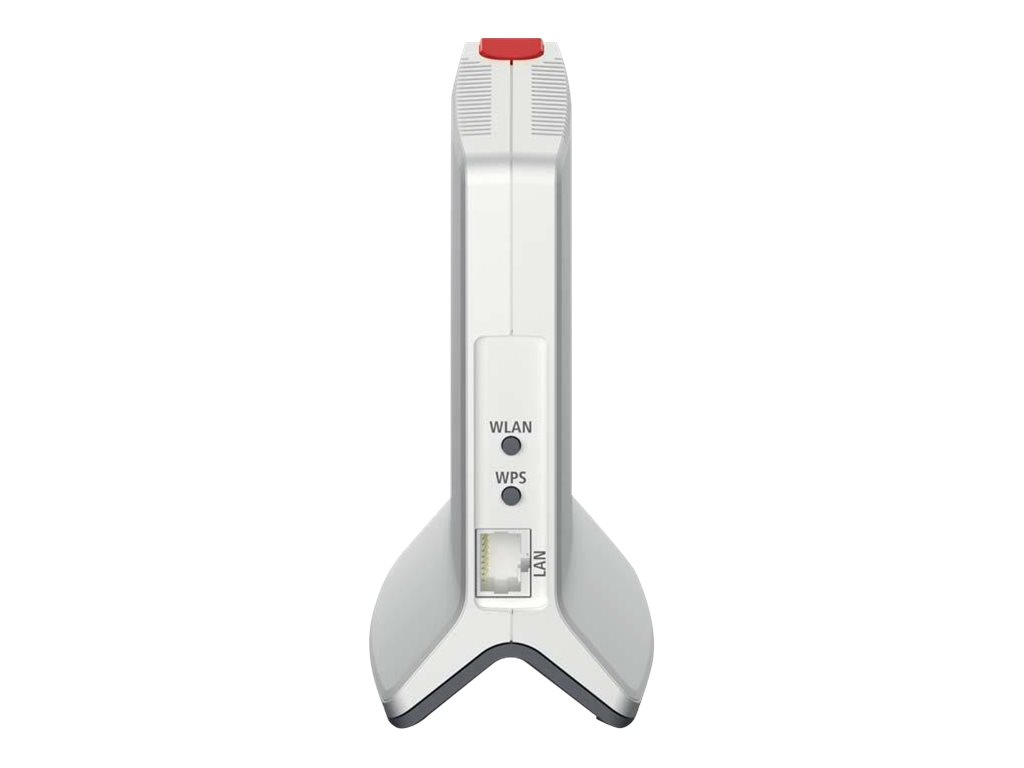 Weißer Router mit LAN-, WLAN- und WPS-Tasten und einer roten Taste oben.